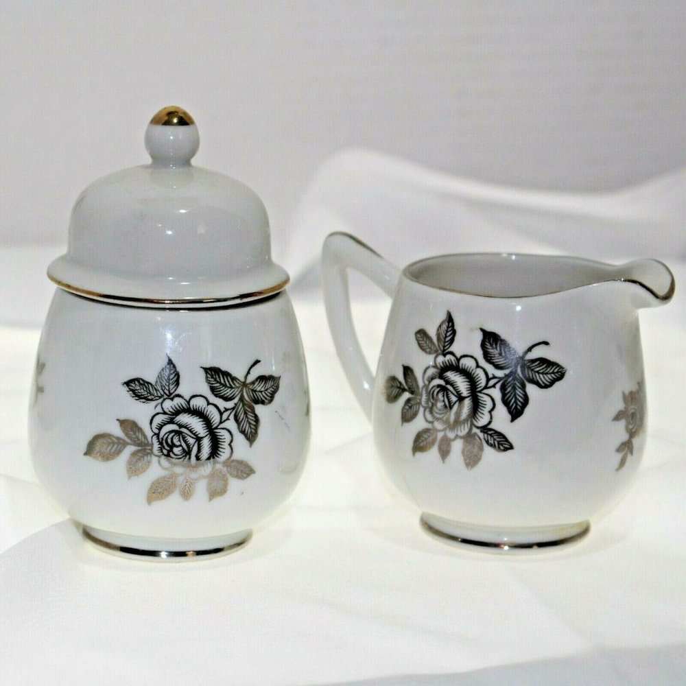 Schumann Arzberg Platinum Elegance Mini Creamer & Sugar Bowl Germany 72 Roses